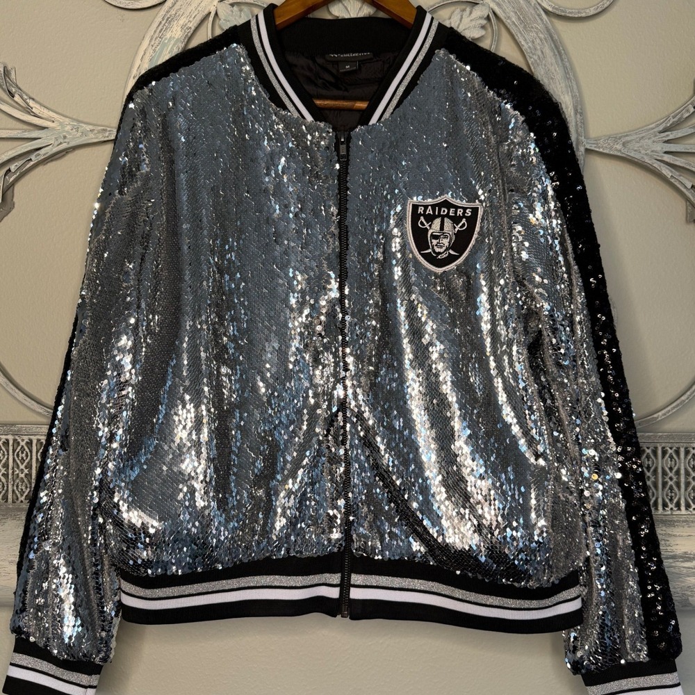 The Wild Collective Las Vegas Raiders Sequin Bomber Jacket Silver Black Women M